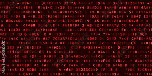 Abstract Red Binary Software Programming Code Background. Malicious Hack Malware Ransomware Concept. Data Leak Breach. Random Binary Data Matrix Wide Vector Illustration.