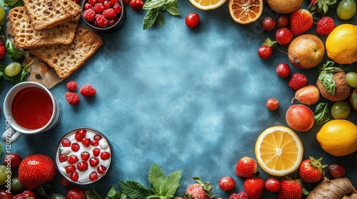 Vibrant Arrangement of Fresh Fruits, Yummy Yogurt, Crunchy Snacks, and Herbal Tea Creating a Colorful and Inviting Table Setting for Healthy Eating and Lifestyle