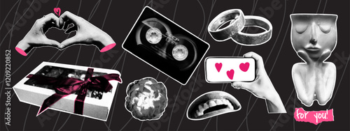 Collage Valentine's Day elements. Lips, gift, rose, cassette, ring. Retro halftone effect.
