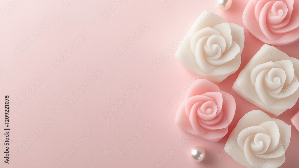 A pink and white rose-shaped soap bar collection. Valentine's Day theme skincare product. A pink and white rose-shaped soap bar collection. Valentine's Day theme skincare product.