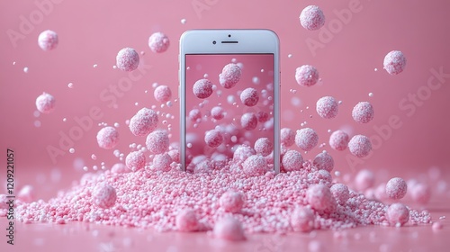 Vibrant Pink Background with Floating Spheres Surrounding a Smartphone Displaying a Colorful Abstract Scene for Creative and Modern Conceptual Imagery