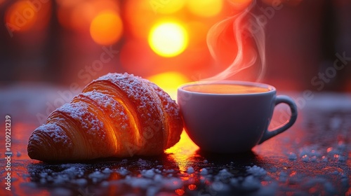 Warm Croissant and Steaming Cup of Coffee Against a Beautiful Sunset Over a Scenic Background, Inviting a Cozy and Relaxing Atmosphere