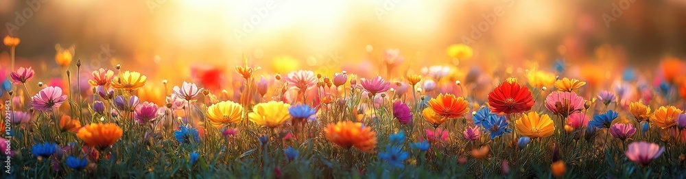 Obraz premium Vibrant Spring Meadow with Colorful Wildflowers and Golden Sunlight