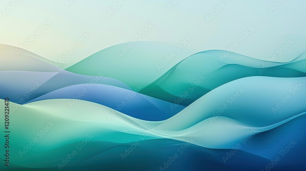 Fototapeta premium A modern, minimalist abstract background featuring soft, gradient waves in calming blue and green tones.