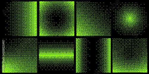 Abstract Y2K Green Pixel Gradation Dithering Halftone Fade Gradation Effect Graphic Design Elements Set. Bitmap Raster Dithering Transition Effect. Bold Brutalist Design. Vector Illustration.