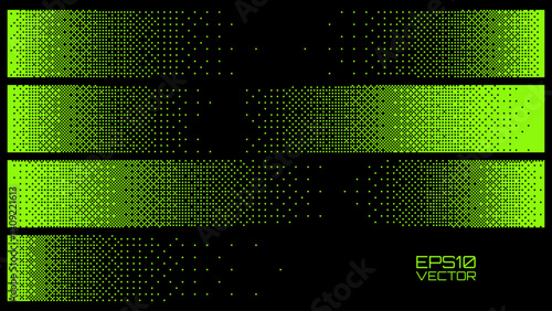Halftone Horizontal Gradient Fade Effect Borders. Dither Green Pixel Banner. Pixelated Rectangle Decoration Element for Graphic Design. Vector Illustration.