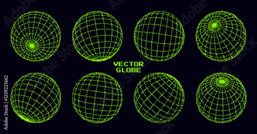 Pixel Dither 3D Sphere Wireframe Hologram HUD Design Elements Set. 3D Line Globe Geometry for 1 bit Style Graphic Design. Pixel Art Cyberpunk Y2K Aesthetic VR Concept. Vector Illustration.