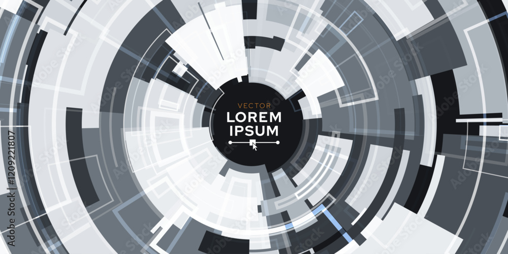 UI Circular HUD Screen Tech System Innovation Concept Background. Abstract Hi-Tech Circular Pattern Vector Backdrop. Round Colorful Arcs. Moving Circles Vector Illustration. Radial Speed Lines.