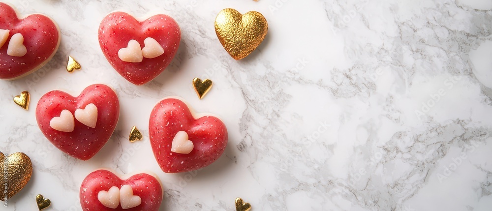 Heart-shaped soaps on marble surface. Valentine's Day theme skincare product. Heart-shaped soaps on marble surface. Valentine's Day theme skincare product.