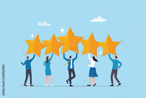 Employee survey, customer feedback rating or performance review, five stars service, best experience or feedback and engagement concept, business people employees holding 5 stars rating feedback.