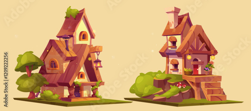 Game asset platform set of fantasy cottage houses - wooden dwellings with glowing lanterns, mushrooms and lush greenery. Whimsical fairytale structures for enchanted forest environment design.