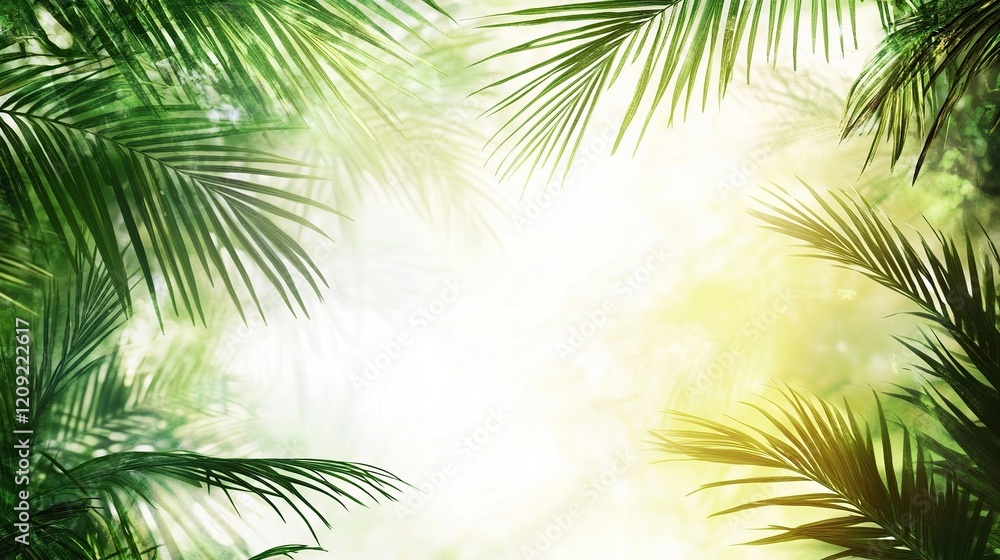 Lush green palm leaves frame a bright, sunlit background. Lush green palm leaves frame a bright, sunlit background.