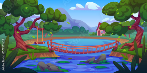 Rural pond scene with wooden hanging bridge with rope railings crossing lake with blue water surrounded by lush trees, log swing on wood. Peaceful landscape with distant mountain and cozy cottage.