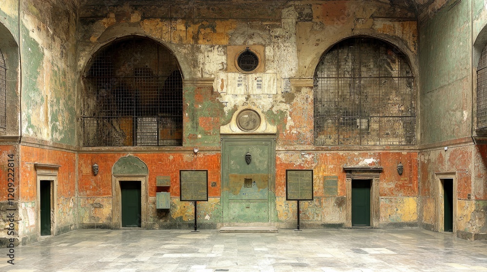 Fototapeta premium Interior view of an ancient grand hall featuring weathered orange and green plaster walls, arched windows, and a polished marble floor.