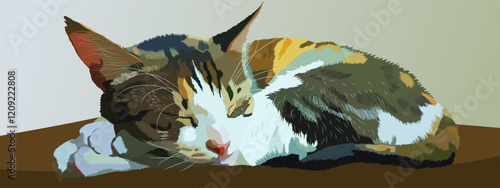 Three-colored cat sleeps. Cat sleeps. Domestic pet.