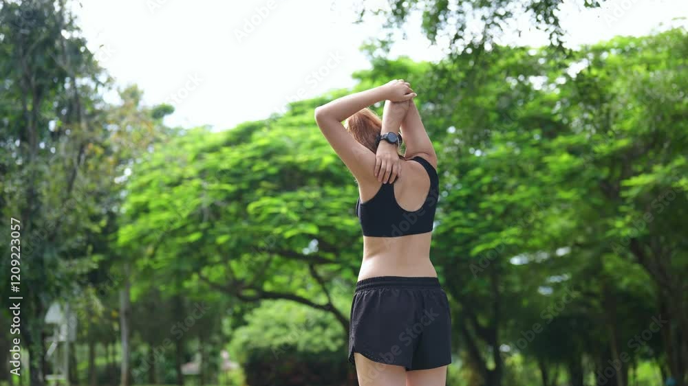 Woman Stretching in Nature During Sunny Day, Fitness and Health Concept, Outdoor Exercise with Lush Greenery and Clear Blue Sky, Summer Wellness Woman Stretching in Nature During Sunny Day, Fitness and Health Concept, Outdoor Exercise with Lush Greenery and Clear Blue Sky, Summer Wellness