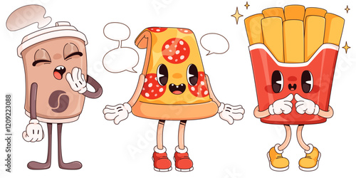 Fastfood cartoon character set - yawning coffee cup with bean logo and steam, pepperoni pizza slice with speech bubbles, sparkling french fries in red carton box. Kawaii snack and drink mascots.