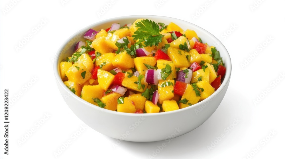 A bowl of vibrant mango salsa with diced mango, red bell pepper, red onion A bowl of vibrant mango salsa with diced mango, red bell pepper, red onion