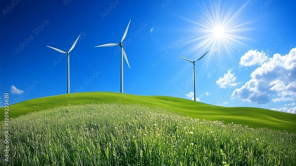 Wind turbines standing tall in a green field under a bright blue sky Wind turbines standing tall in a green field under a bright blue sky