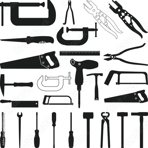 Set Ironworker Tools Vector Silhouette, Ironworker Tools Bundle, Hand Tools Set Illustration file