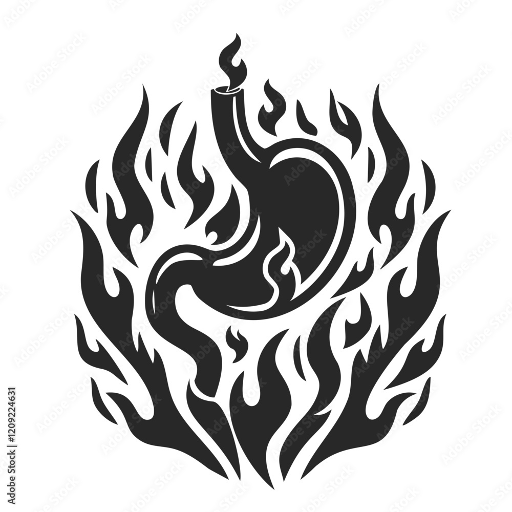 stomach surrounded by flames, symbolizing digestive issues or heartburn.