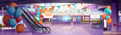 Mall entrance hall decorated for mega sale or anniversary event - festive interior with colorful balloons, triangle flags, falling confetti and discount banners. Shopping center celebration on holiday