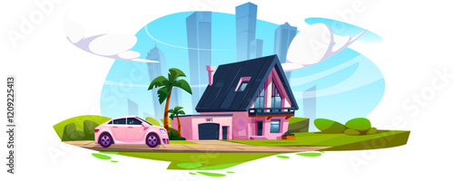 Modern pink house with dark roof and garage, car parked in driveway. Palm trees near suburban property on blue city skyline background. Green lawn surrounding residential building for real estate.