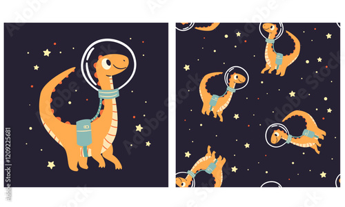 Wallpaper Mural Vector set for printing on children's products. Cute dinosaur flying in space, printable print and seamless vector pattern . Vector illustration Torontodigital.ca