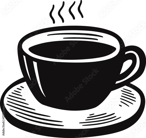 Warm cup of coffee placed on a small saucer with steam rising cartoon isolated on transparent background. Vector illustration.