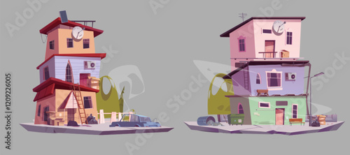 Cartoon multistorey abandoned buildings with rundown elements. Antenna, broken stairs, old cars and scattered trash near structures. Game environment assets with urban ghetto decay on platform.