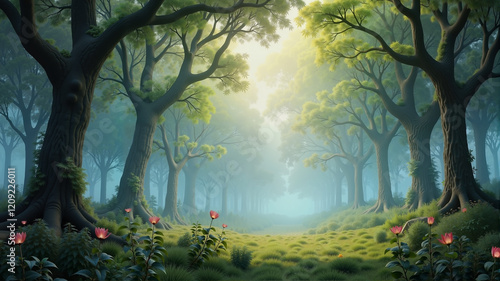 Misty enchanted forest with pink flowers at dawn, magical serenity