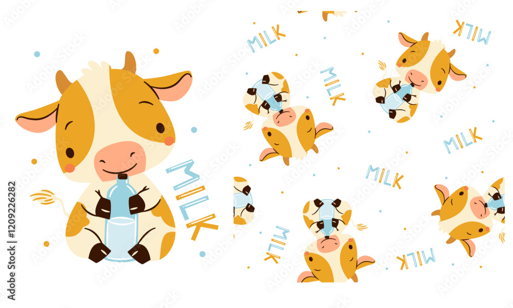 Obraz premium Vector set for printing on children's products. Cute calf holding a bottle of milk, Milk lettering, printable print and seamless vector pattern . Vector illustration