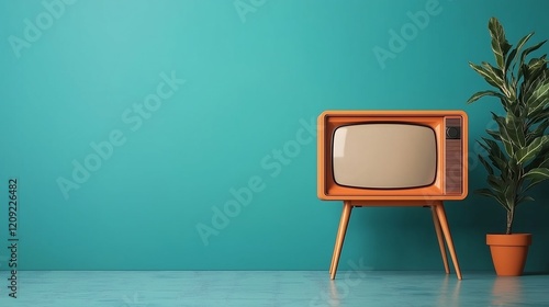 Retro orange TV with wooden legs and a mid-century design, set against a vibrant teal wall with a green potted plant, creating a nostalgic and minimalistic interior style. photo