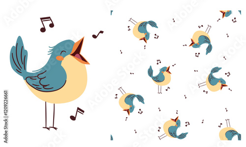 Vector set for printing on children's products. Cute singing bird with notes, printable print and seamless vector pattern . Vector illustration