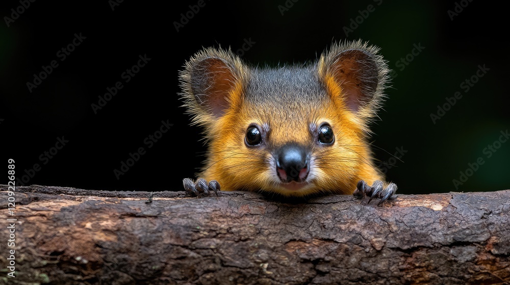 Obraz premium Curious tree-climbing rodent peeking from log, rainforest background, wildlife photography