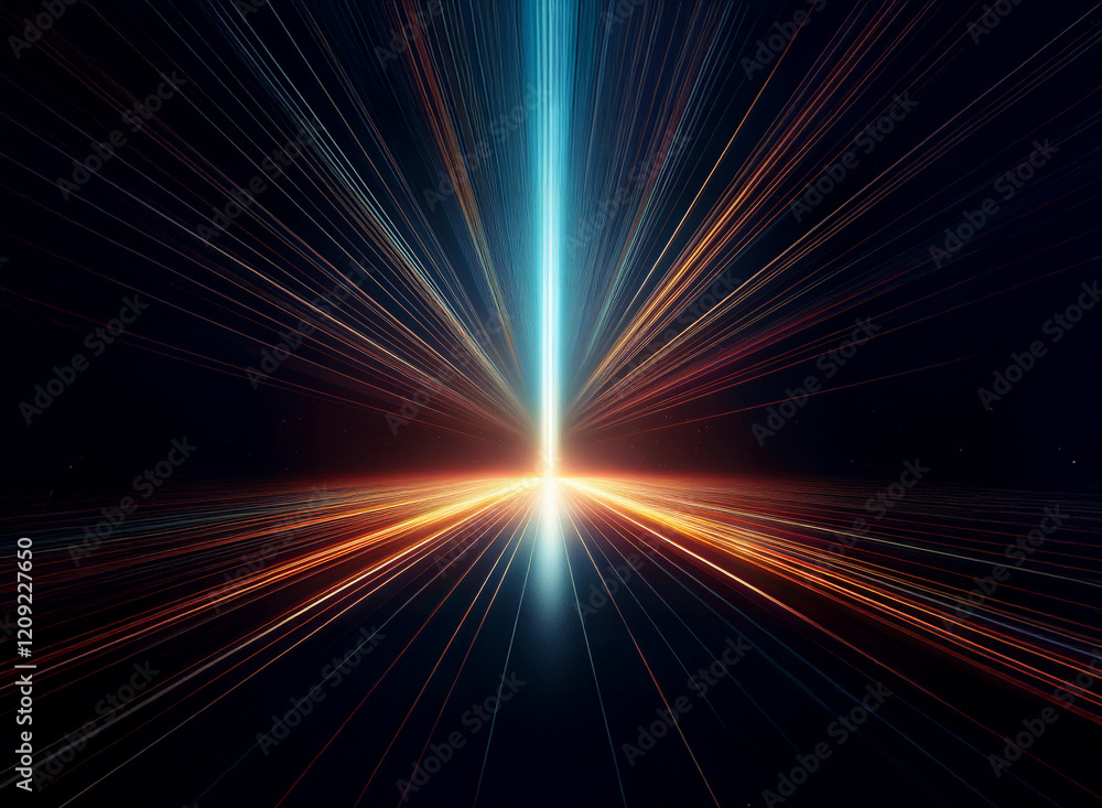 Fototapeta premium A vibrant beam of light pierces the darkness, emanating from a bright core. Streaks of color radiate outwards, creating a dynamic, energetic composition. The image evokes feelings of speed, power, an