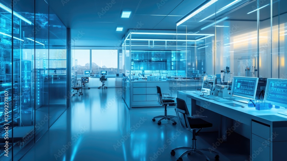 Fototapeta premium A sleek, 3D sci-fi laboratory with transparent walls, glowing consoles, and advanced technology at work, creating an atmosphere of innovation and discovery.
