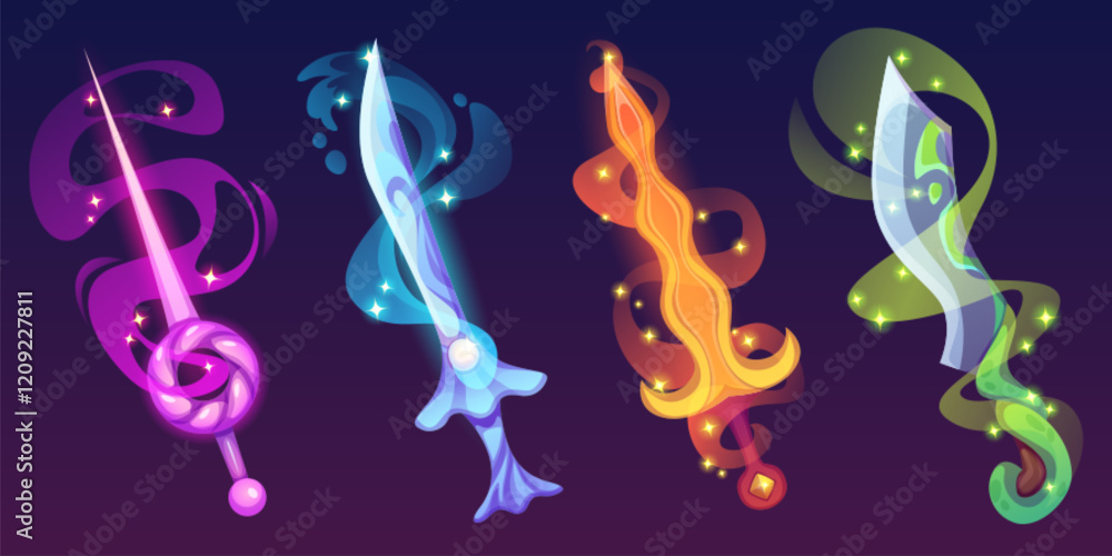 Obraz premium Magical glowing swords set with mystical smoke. Fantasy weapons collection in pink, blue, fiery orange, green colors with sparkle effect. Enchanted blades with swirling energy trail for game ui design