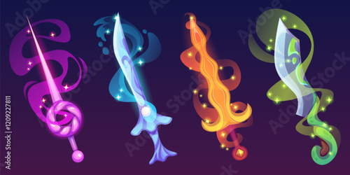 Magical glowing swords set with mystical smoke. Fantasy weapons collection in pink, blue, fiery orange, green colors with sparkle effect. Enchanted blades with swirling energy trail for game ui design