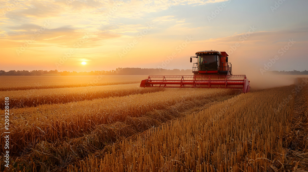 Fototapeta premium Photo: Golden Sunset Harvest - Combine in Wheat Field