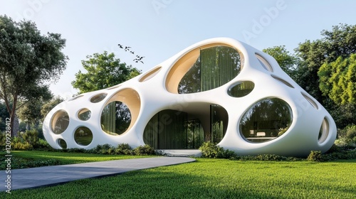 Modern organic architecture with unique design and large windows photo