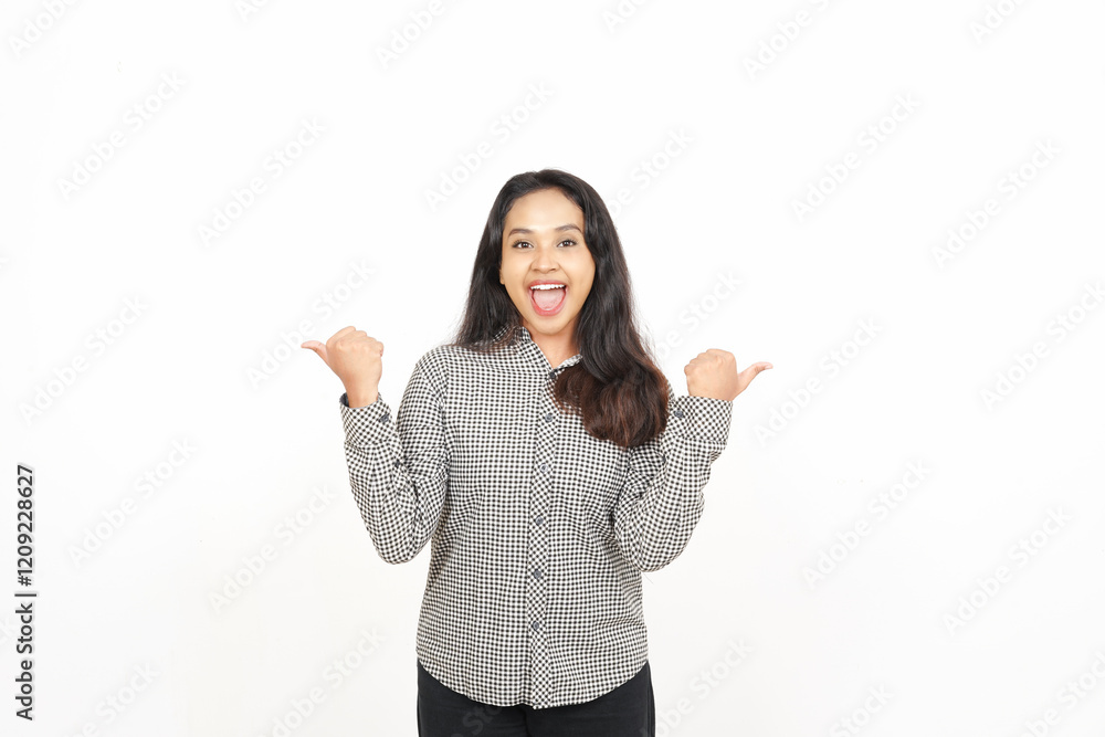 Pointing in Both Directions with thumb Of Beautiful Asian Woman Isolated On White Background Pointing in Both Directions with thumb Of Beautiful Asian Woman Isolated On White Background