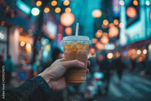 hand holding a glass of coffee on street