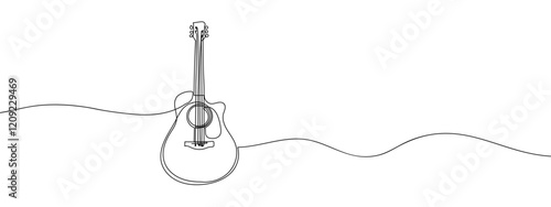 single continuous line acoustic guitar, music line art vector illustration with transparent background editable stroke.
