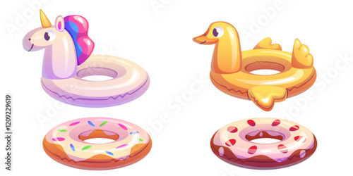 Inflatable rings set isolated on white. Vector cartoon illustration of inflated rubber toys for swimming pool or summer beach, color unicorn, yellow duck, sweet donut shape lifebuoy, kids accessories