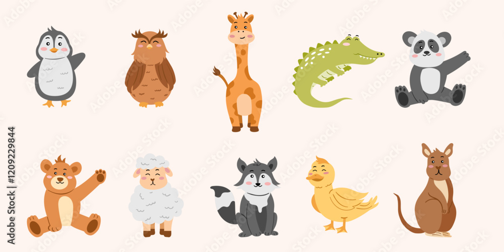 Fototapeta premium Set of Flat Cute Animal Collection Vector Illustration. Cartoon Style Hand-Drawn Animals for Kids and Fun Designs. Fun and Playful Animal Set Vector Illustrations