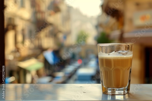 coffee in glass ,city background