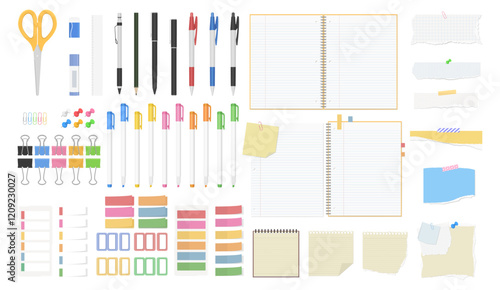 文房具のセット、罫線入りのノート、はさみ、ペン、鉛筆、のり、消しゴム、クリップ、付箋、定規	