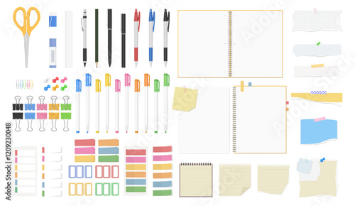 文房具のセット、無地のノート、はさみ、ペン、鉛筆、のり、消しゴム、クリップ、付箋、定規	