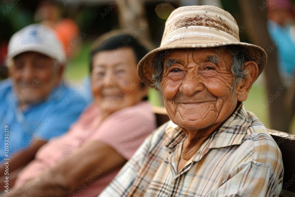 A cheerful elderly man wearing a hat smiles warmly while sitting outdoors, surrounded by friends, showcasing joy and companionship among seniors. A cheerful elderly man wearing a hat smiles warmly while sitting outdoors, surrounded by friends, showcasing joy and companionship among seniors.